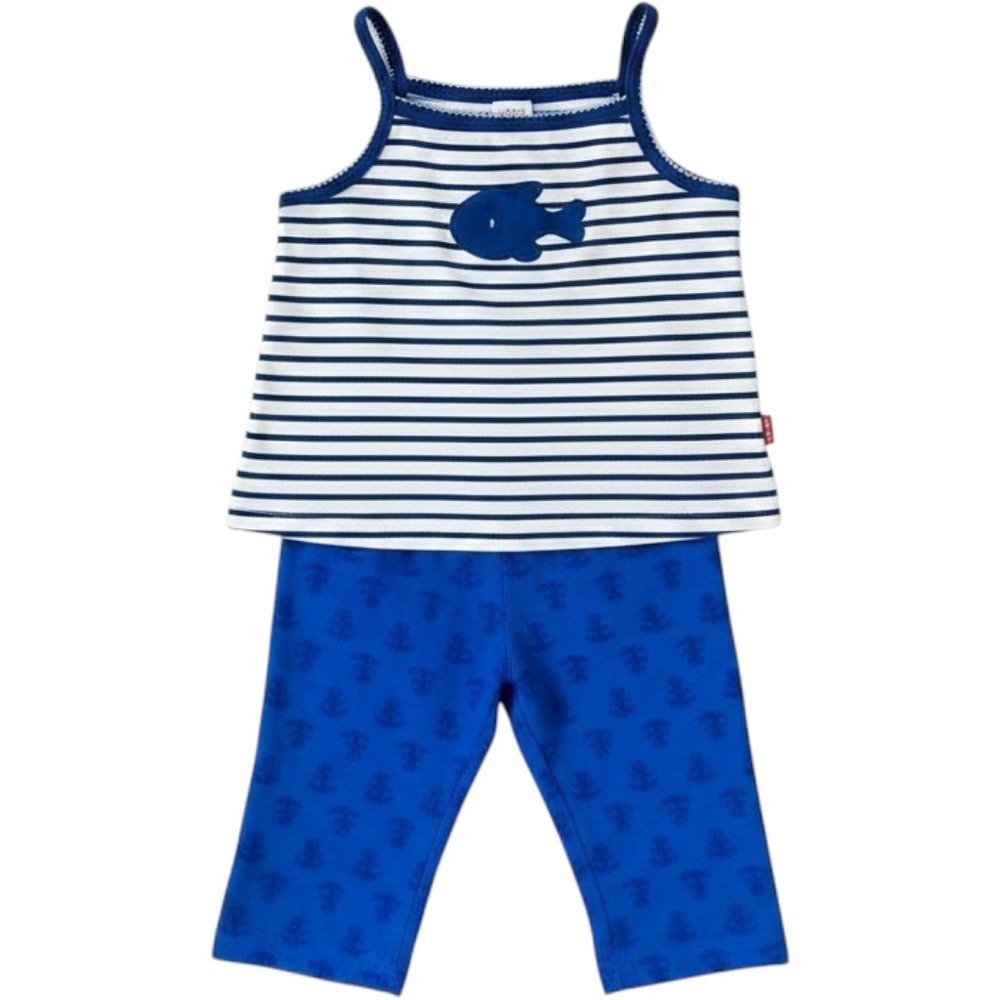 Y2K Le Top 2pc Outfit Girls Size 5 Blue White Nautical Fish Anchor Striped Set